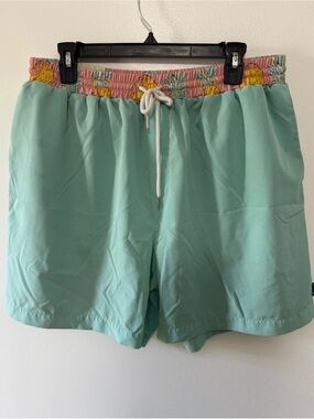Simply Southern Aqua Men's Swim Trunks with Pink Floral Waistband